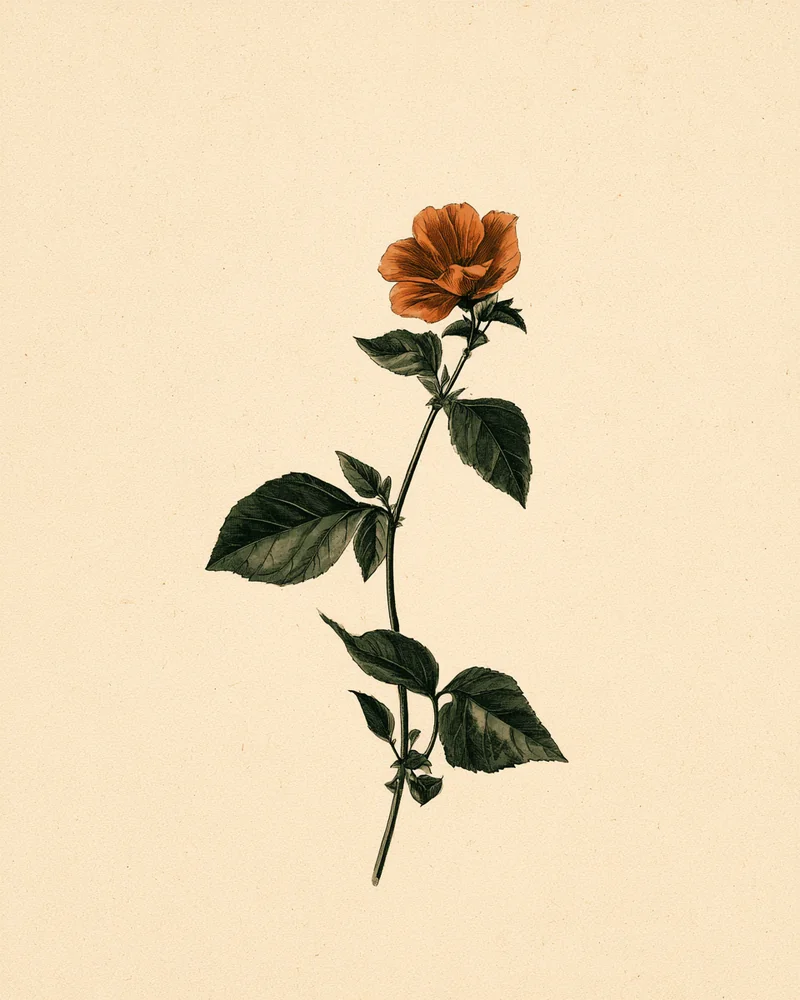Botanical plate: a single flowering branch with a terracotta bloom